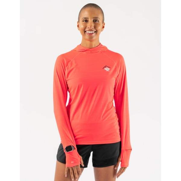 Front view of women's rabbit UPF Deflector 2.0 pullover in fiery coral