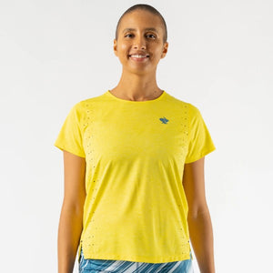 Front view of women's rabbit Race Pace tee in yellow