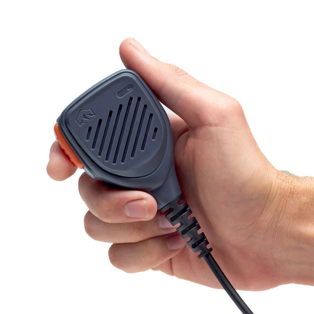 Hand holding a Rocky Talkie hand mic