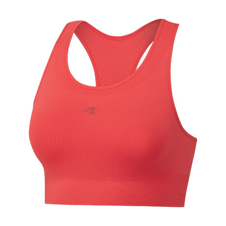 Front view of women's bright coral runderwear Balance sports bra
