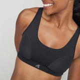 Front on-model view of black runderwear Energize sports bra