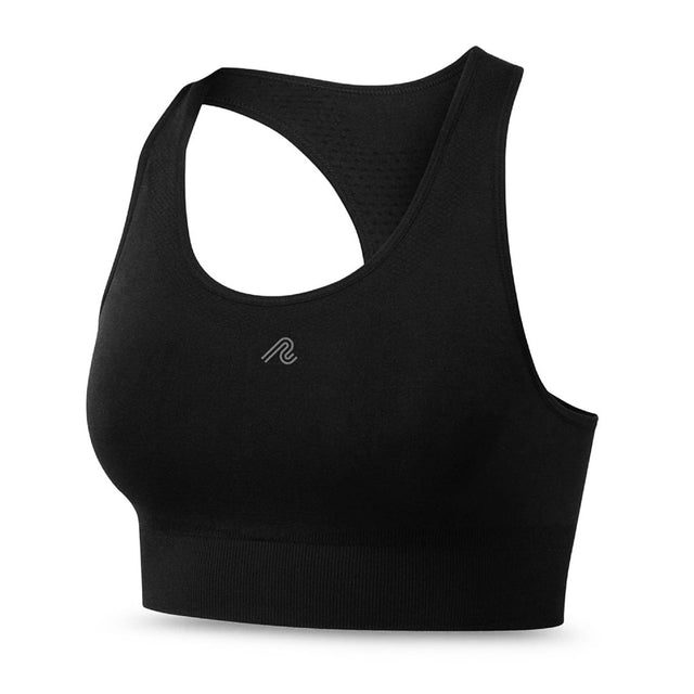 Front view of women's black runderwear balance sports bra