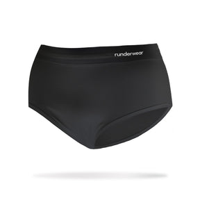 Front view of women's black runderwear running brief