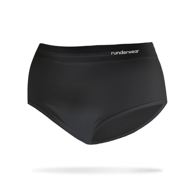 Front view of women's black runderwear running brief