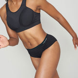 Model wearing women's black runderwear hipster