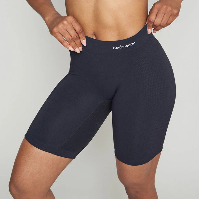 Front on-model view of women's black runderwear long boxers