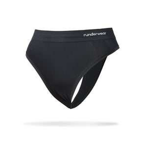 Front view of women's black runderwear thong