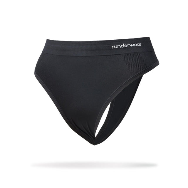 Front view of women's black runderwear thong