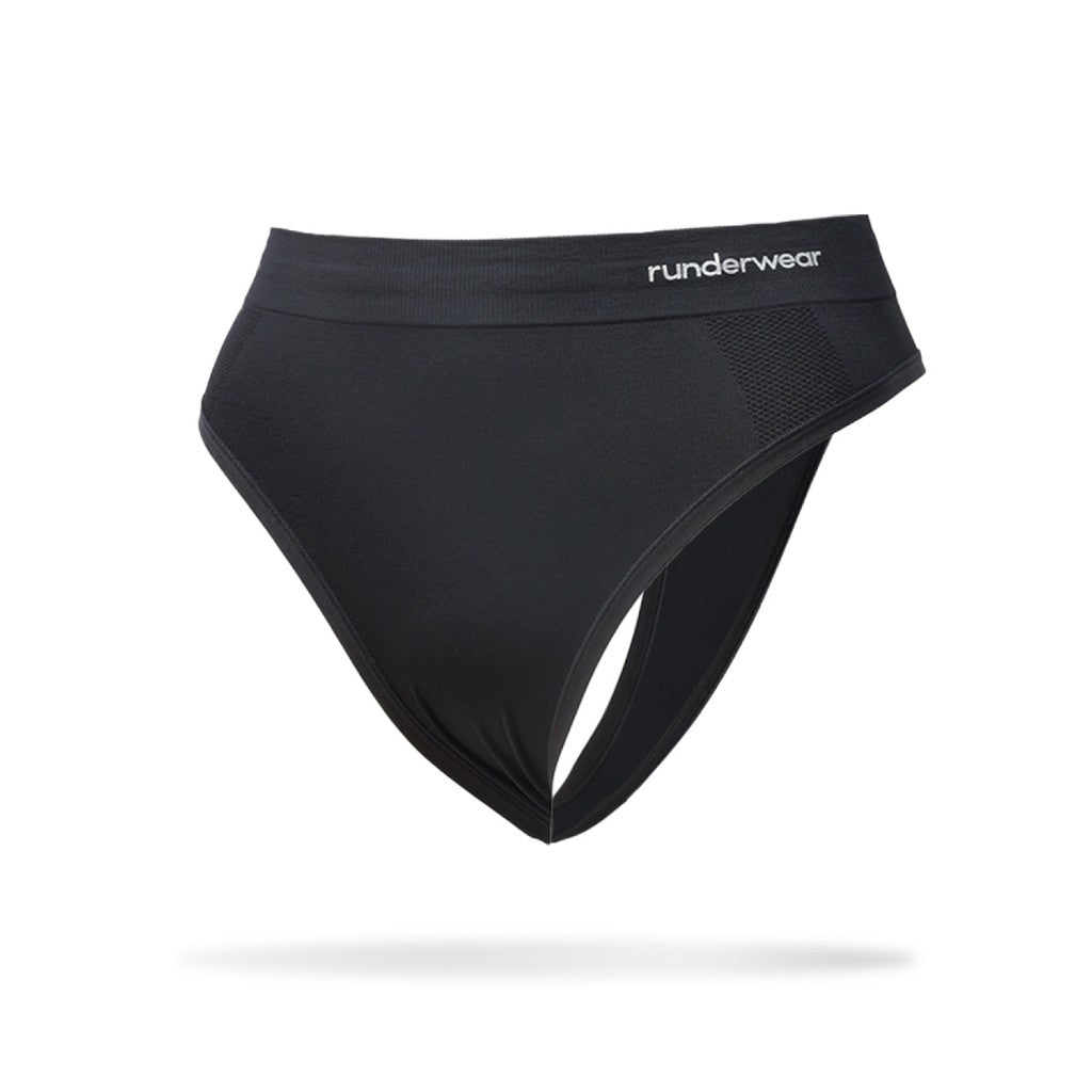 Front view of women's black runderwear thong