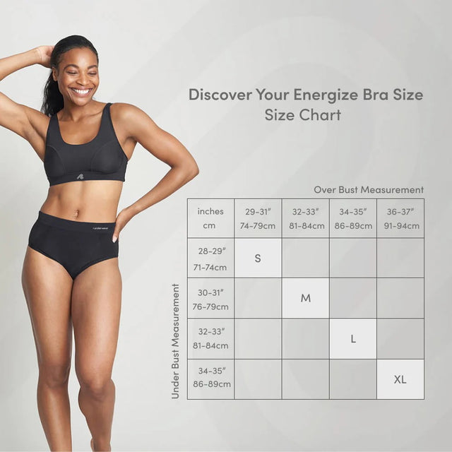 Size chart for the runderwear Energize sports bra