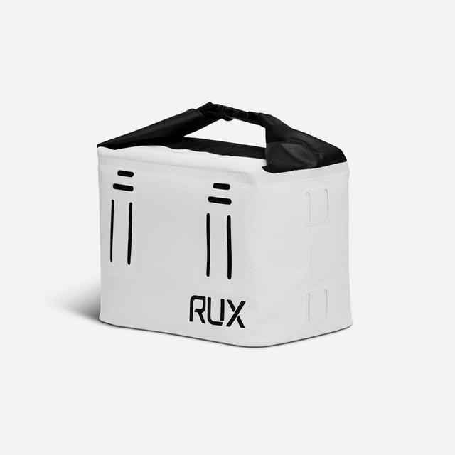 Side angle view of white RUX cooler cube