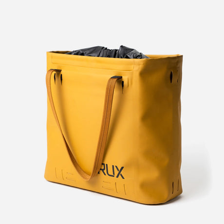 Yellow RUX waterproof 15L tote bag, side view