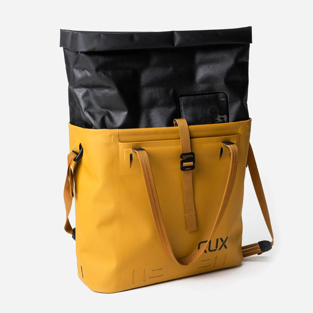 Yellow RUX waterproof 15L tote bag, roll top up