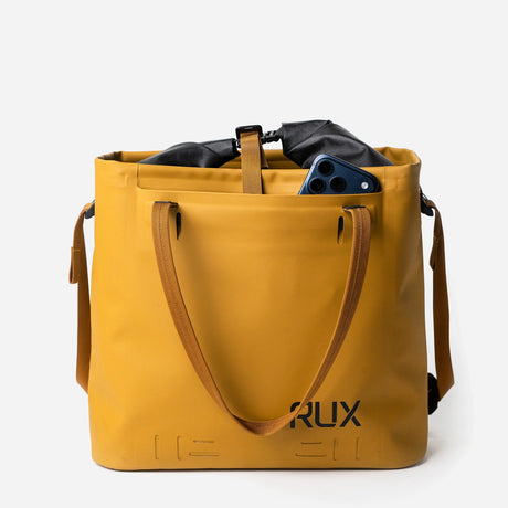 Yellow RUX waterproof 15L tote bag, straps down
