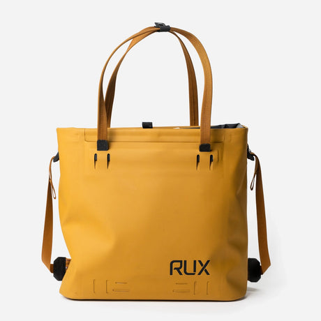 Yellow RUX waterproof 15L tote bag, straps up