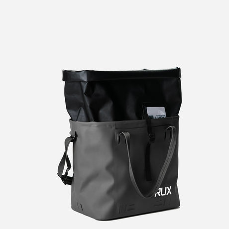 Black RUX waterproof 30L tote bag, roll top up
