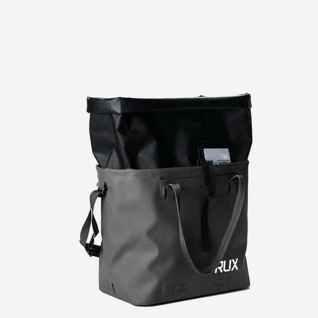 Black RUX waterproof 30L tote bag, roll top up
