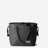 Black RUX waterproof 30L tote bag, phone in side pocket