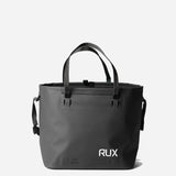 Black RUX waterproof 30L tote bag, straps up