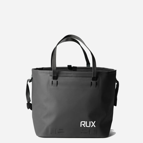 Black RUX waterproof 30L tote bag, straps up