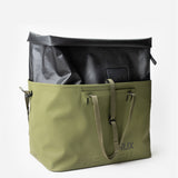 Green RUX waterproof 50L tote bag with roll top showing