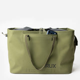 Green RUX waterproof 50L tote bag straps down