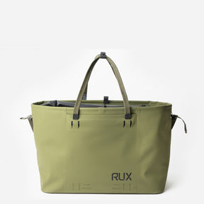 Green RUX waterproof 50L tote bag straps up