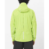 Back on-model view of men's lime green Salomon Bonatti rain jacket