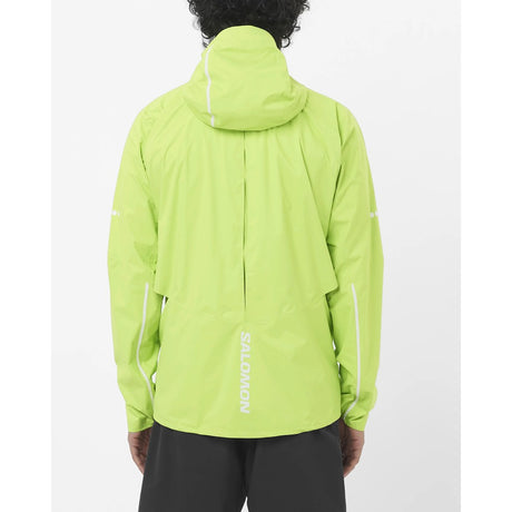 Back on-model view of men's lime green Salomon Bonatti rain jacket