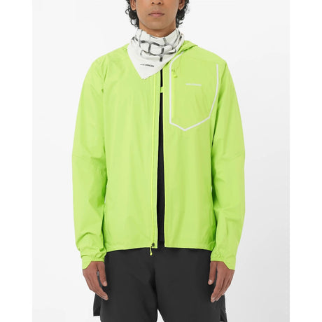 Front on-model view of men's lime green Salomon Bonatti rain jacket