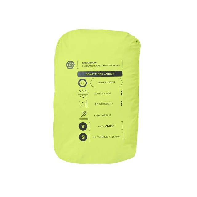Lime green Salomon Bonatti rain jacket in stuff sack