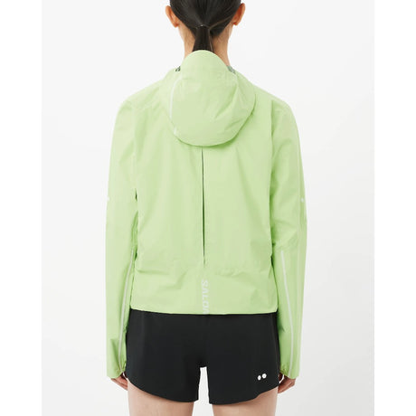 Back on-model view of women's lime Salomon Bonatti Pro jacket
