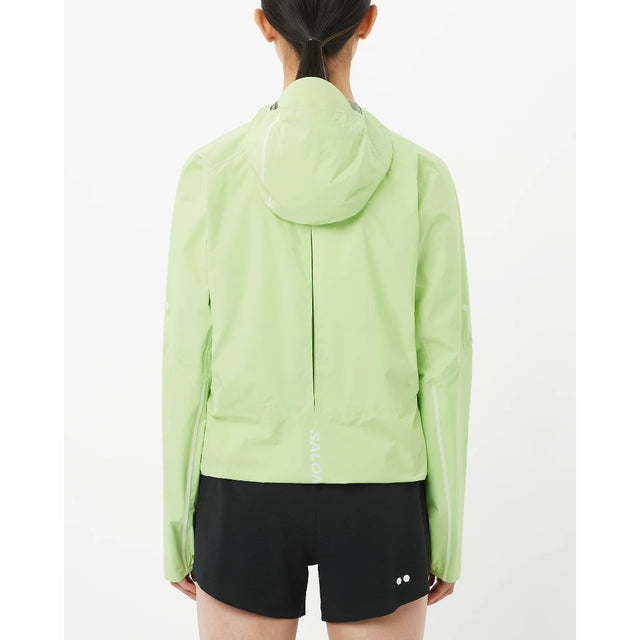 Back on-model view of women's lime Salomon Bonatti Pro jacket