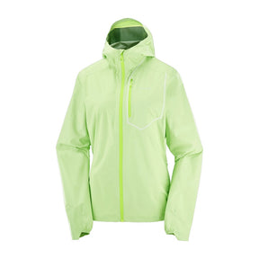 Front view of women's lime Salomon Bonatti Pro jacket