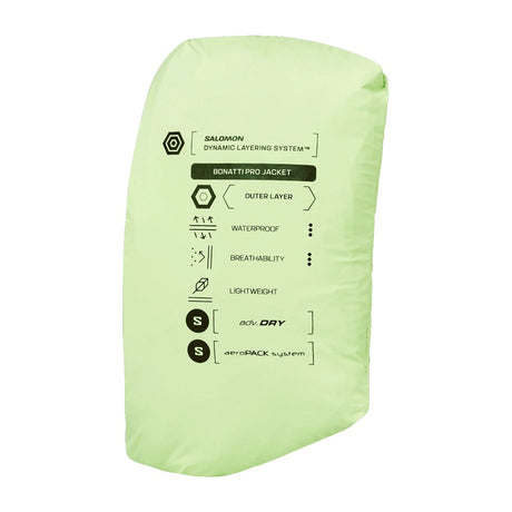 Packed view of women's lime Salomon Bonatti Pro jacket