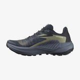 Inner side view of salomong genesis women's trail running shoe in carbon/grisaille/aloe wash colour