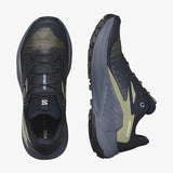 Top view of salomon genesis women's trail running shoes in carbon/grisaille/aloe wash colour