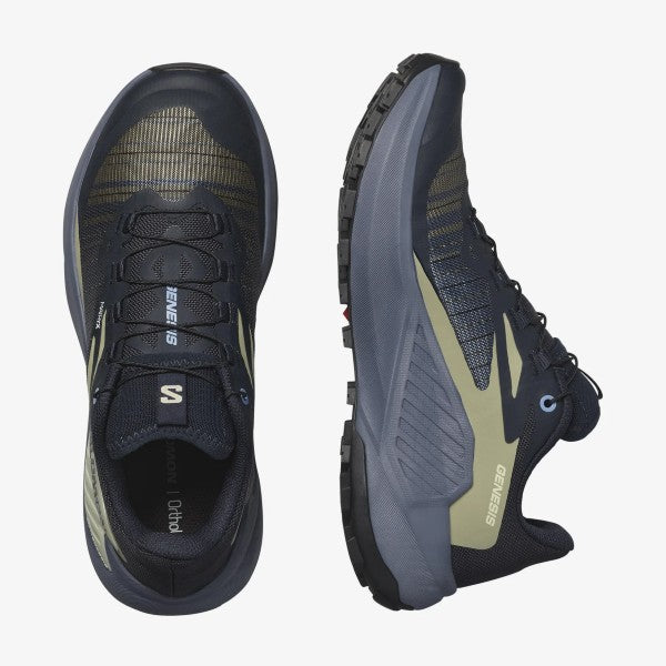 Top view of salomon genesis women's trail running shoes in carbon/grisaille/aloe wash colour