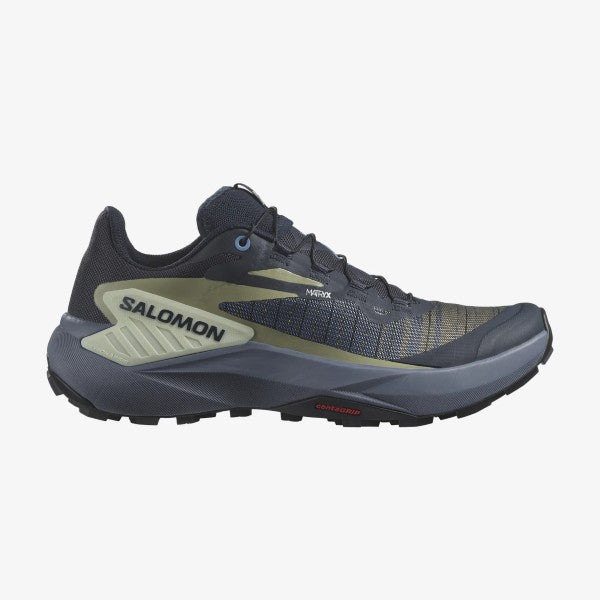 Side view of salomon genesis women's trail running shoe in carbon/grisaille/aloe wash colour