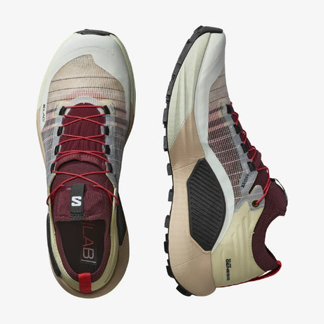 Top view of salomon s/lab genesis trail running shoes in vanilla/chocolate/black colour