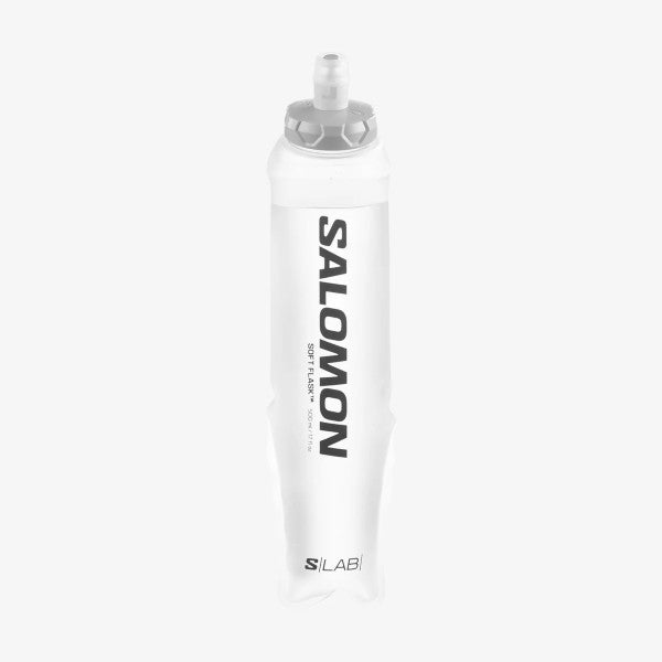 Front view of clear 500ml salomon s/lab soft flask water bottle
