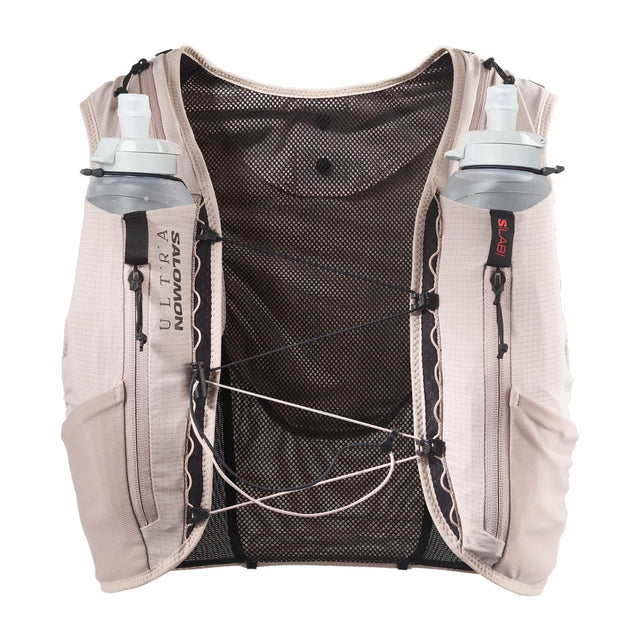 Front view of Salomon S/Lab Ultra 12L running vest with softflasks