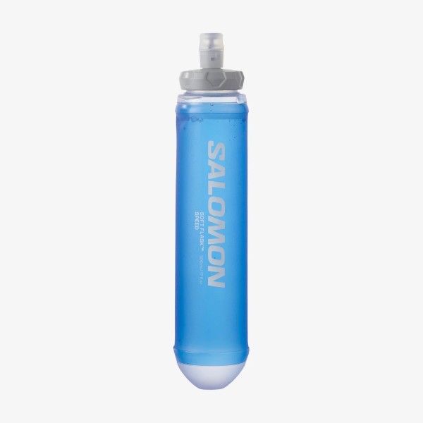 Front of salomon 500ml speed soft flask in clear blue