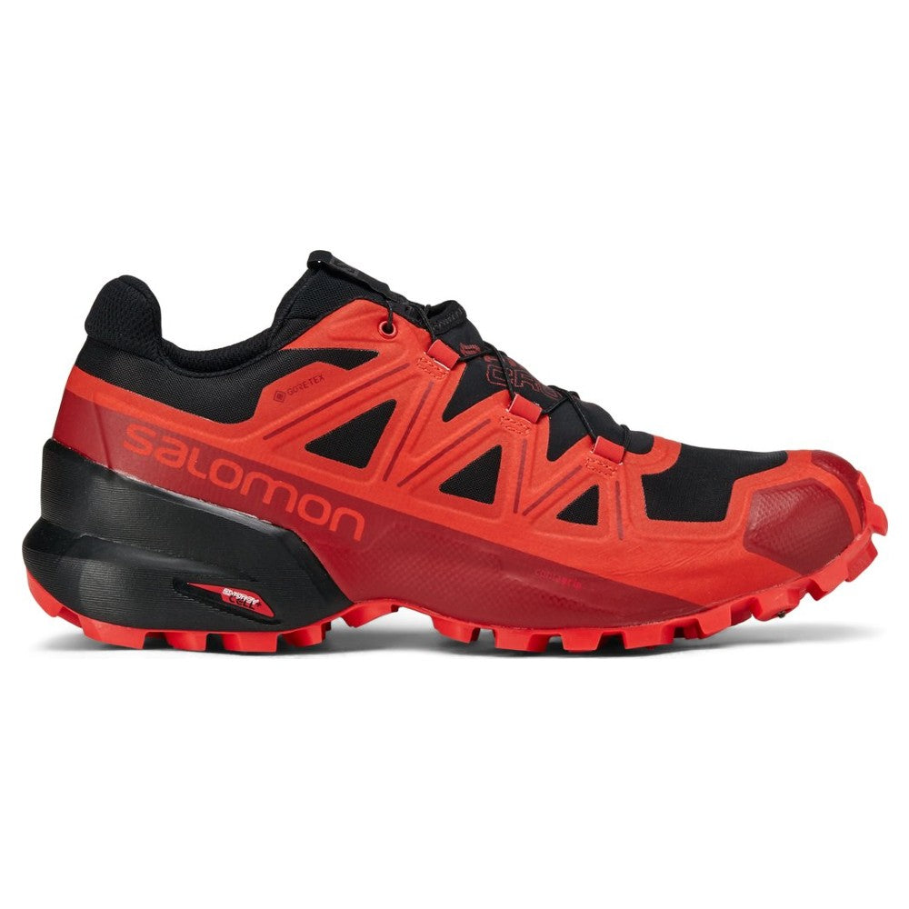 Side view of Salomon SpikeCross 5 Gore-Tex winter trail running shoe in red/black colour