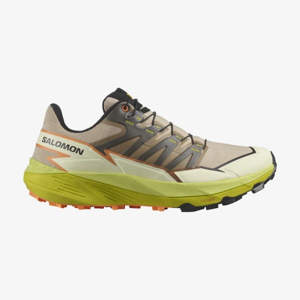 Side view of men's salomon thundercross trail running shoe in safari/sulphur spring/black colour