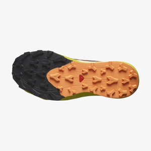 Sole of men's salomon thundercross trail running shoe in safari/sulphur spring/black colour