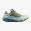 Side view of women's salomon thundercross trail running shoe in alfalfa/tanager turquoise/sunny lime colour