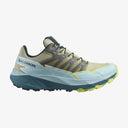 Side view of women's salomon thundercross trail running shoe in alfalfa/tanager turquoise/sunny lime colour