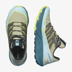 Top view of women's salomon thundercross trail running shoes in alfalfa/tanager turquoise/sunny lime colour