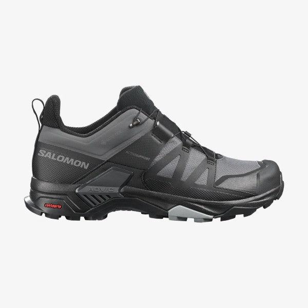 Side view of men's salomon x ultra 4 hiking boot in magnet/black colour